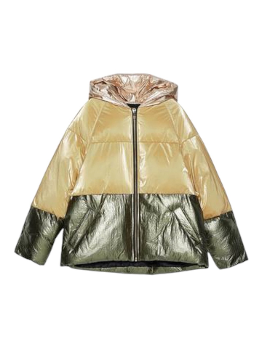 Zara Metallic Colour Block Puffer Jacket Women’s Medium Gold Green Hooded